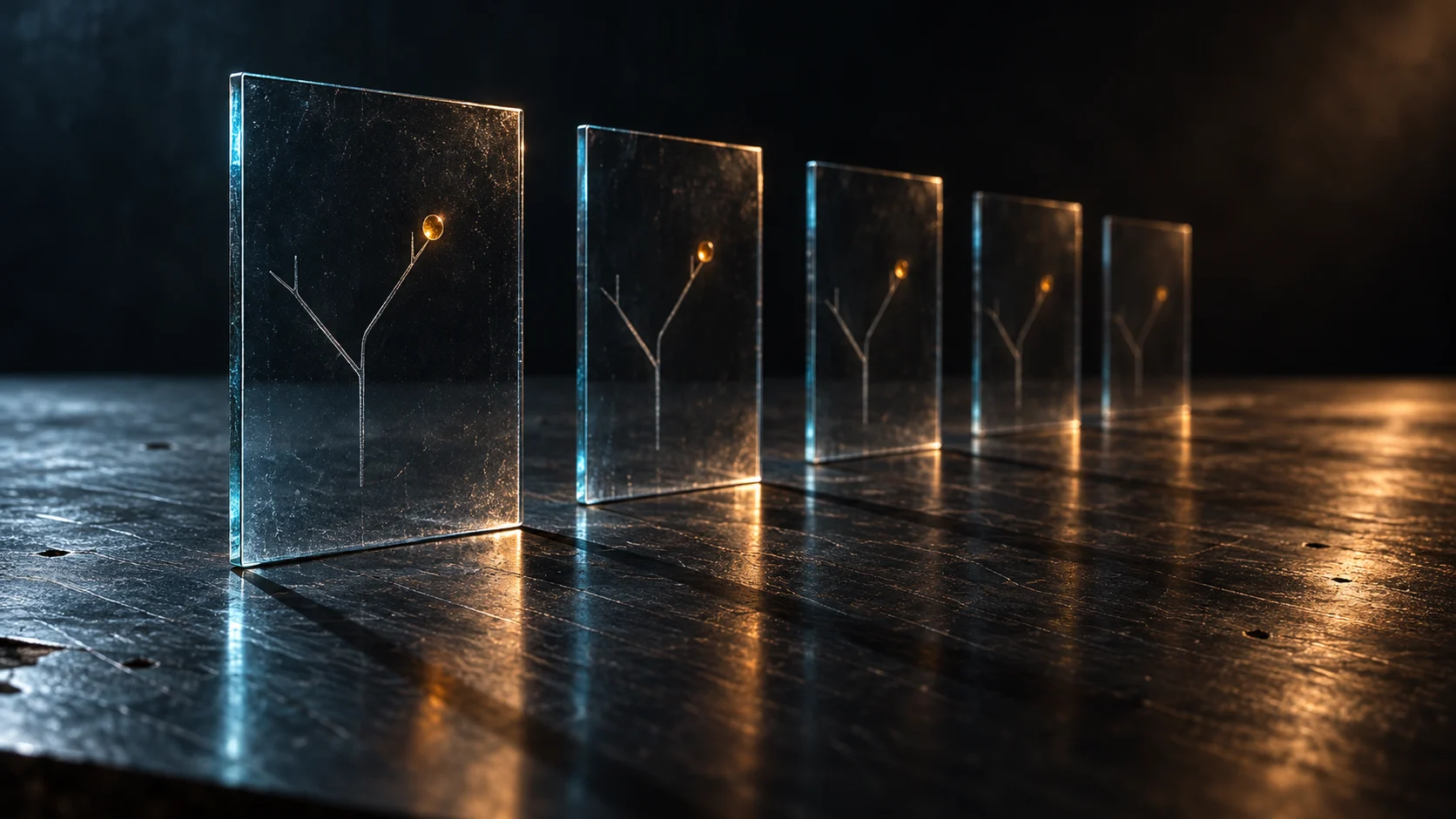 AI-generated visual study: successive glass plates carry a repeated branching mark and amber point into the distance.