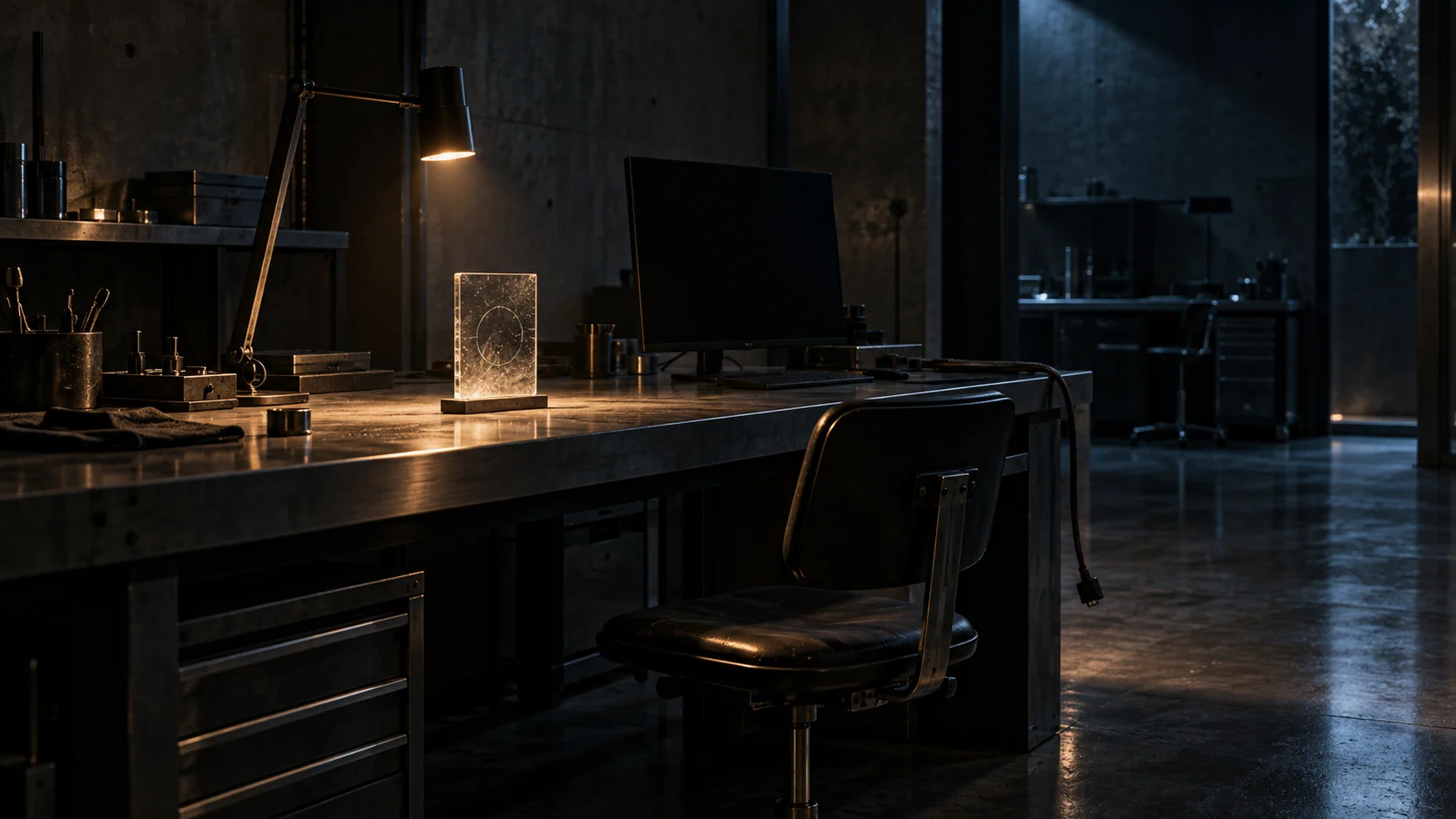 AI-generated visual study: an illuminated glass record remains on a night-workshop desk beside an empty chair and a dark monitor.