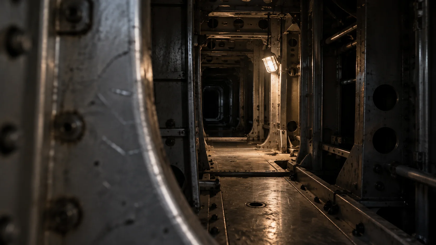 AI-generated visual study: worn metal partitions recede into a dark assembly, with an inspection light revealing a narrow passage.