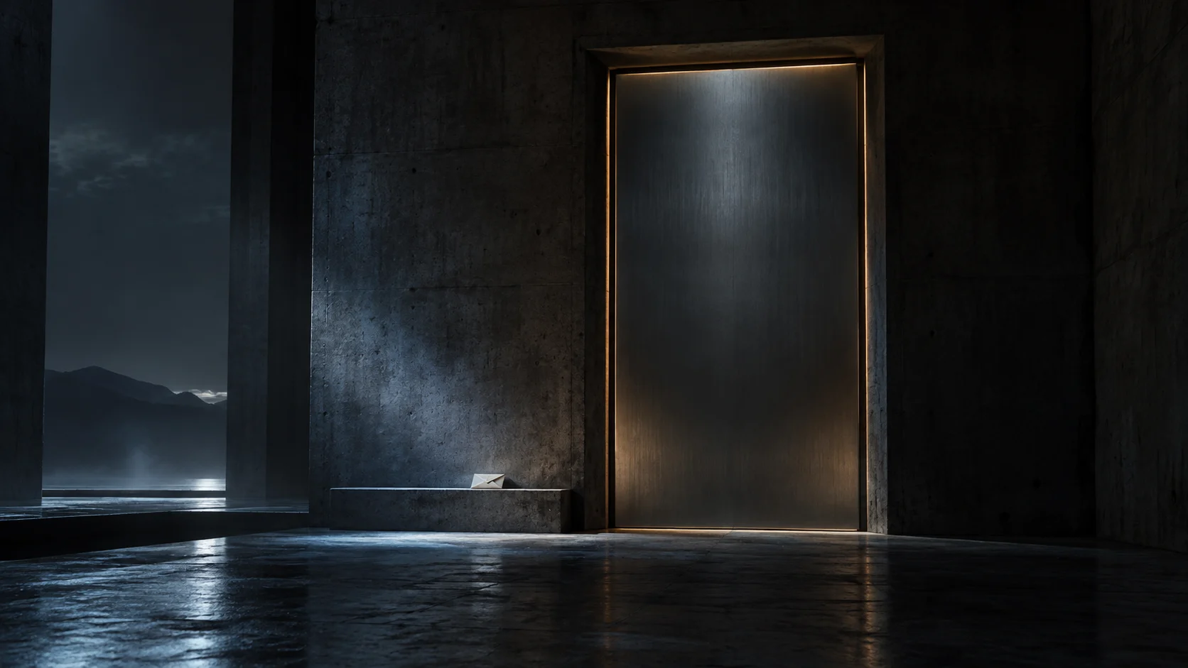 AI-generated visual study: a small message rests outside a closed aluminium doorway, edged in amber light.