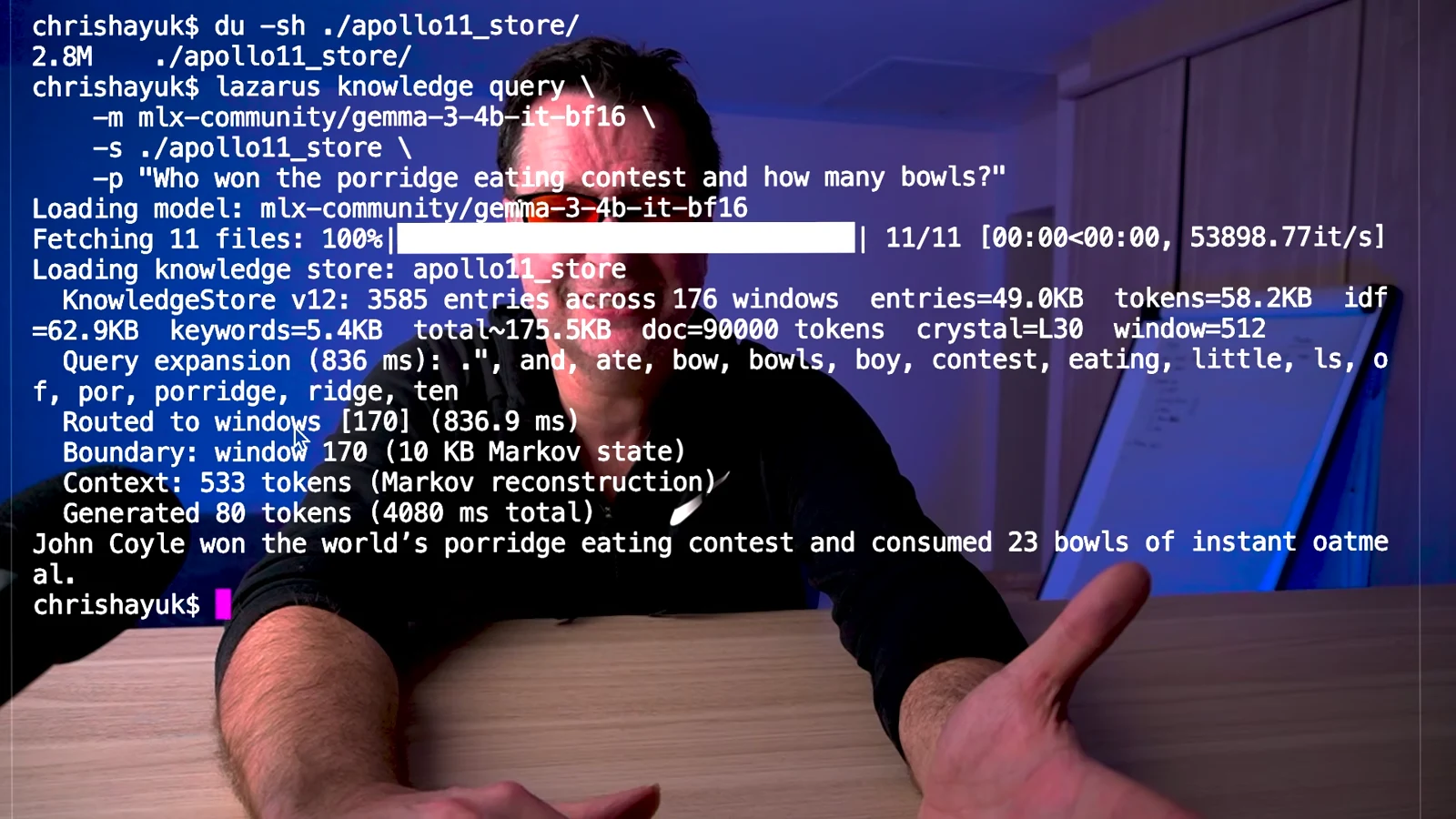 The Apollo store query routes to window 170 and returns John Coyle with 23 bowls.