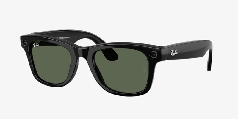Reference black Ray-Ban Meta Wayfarer frames with visible camera apertures.